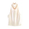 Elegant champagne halter neck satin tank top featuring a sophisticated draped cowl neck design - XS / Tops / Pure White