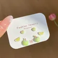 Set of three pairs of cute fruit-themed earrings featuring heart, lemon, and apple shapes - Lemon Apple (SGT2) / 3 Pairs Set / Green