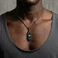 Detail view of a vintage titanium steel necklace featuring a turquoise stone pendant - Pendant Necklace Set / Vintage Color With Box Chain