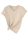 Detailweergave van beige dames T-shirt met V-hals en een stijlvol zij-knoopdetail - S / Tops / Zandkleur