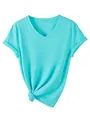 Detailweergave van een cyaan dames-T-shirt met V-hals en een stijlvolle geknoopte zoom - S / Tops / Diep Waterblauw