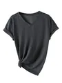 Detail van donkergrijs dames-T-shirt met V-hals en modieuze knoop aan de voorkant - Zwartgrijs Gemêleerd