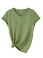Gedetailleerde weergave van olijfgroen dames T-shirt met V-hals en modieuze geknoopte zoom. - Olijfgroen