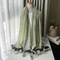 Elegant retro Morandi green thin wool scarf featuring distressed edges and fringe detail - Dirty Dyed Patchwork Style (1530) / 205x85cm / Grey Green