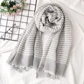 Soft Morandi grey striped wool scarf with vintage frayed edges for cozy winter warmth - Striped Style (1156) / 205x85cm / Gray