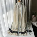 Elegant lightweight Morandi wool scarf in beige with light blue and dark brown stripes - Striped Patchwork Style (1530) / 205x85cm / Yellow
