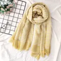 Japanese retro style thin wool scarf with Morandi yellow stripes and dirty dye borders - Striped Style (1156) / 205x85cm / Yellow