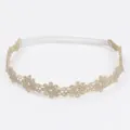 Primer plano de una diadema de encaje floral dorado para bebés con banda elástica blanca - Estilo Pequeña Flor de Ciruelo (MB711)