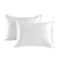 Two-piece set of white satin pillowcases featuring a silky finish and envelope closure. - White