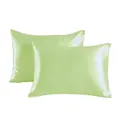 Pair of luxury silky satin pillowcases in vibrant light green color for soft sleep comfort - Grass Green