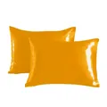 Pair of smooth satin silk pillowcases in vibrant yellow with envelope closure design - Turmeric