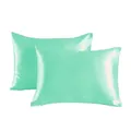 Pair of silky mint green satin pillowcases with envelope closure for soft skin care - Aqua Green