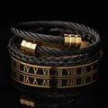 Men's retro Roman numeral stainless steel braided bracelet set in luxury black and gold - Black Cable Gold Head Set (3-Piece) / Black