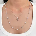 Collana doppia in argento con ciondolo stella luna scintillante e perle bianche. - Stile Perla Artificiale Stella Luna (K-1560) / Argento (Stile Perla)
