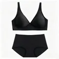 Elegant black seamless deep V neck bra and high-waisted panty set for women's comfort - S / Top And Bottom / Black