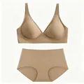 Premium seamless deep V-neck bra and panty set in nude beige with comfy soft support - S / Top And Bottom / Deep Skin