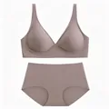 Seamless deep V wire-free bra and panty set in elegant mocha brown color - S / Top And Bottom / Gray Purple