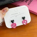 Sweet pink and black double heart earrings with 925 silver needle on display card - Black and Pink Heart Rhinestone Earrings (YAK12)