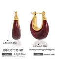 Elegant deep red resin and gold stainless steel hoop earrings with detailed dimensions - Dark Red (JDE0307031-RD)