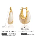 Gold-plated stainless steel U-shaped hoop earrings with marble resin inlay - Marble White (JDE0307031-WT-1)