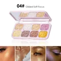 Macro detail of 8-color shimmer eyeshadow palette with gilded soft focus glitter swatches - No. 04 Gilded Soft Focus