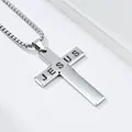 Detailed macro view of silver stainless steel Jesus cross pendant with engraved text - Cross Pendant Necklace / Steel