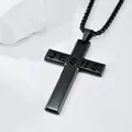 Close-up of a black stainless steel Jesus cross pendant necklace with box chain. - Cross Pendant Necklace / Black