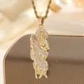 Detailed view of gold St. Jude pendant with micro-paved zircon on rope chain. - Saint Jude Standing Style (P04927)