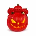 Decorative red glowing Halloween stacked pumpkin lantern ornament with gold leaves - Stacked Pumpkin Style / Solar Powered