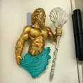 Nautical bohemian style mermaid wall lamp with golden finish and blue waves - Poseidon Art Lamp