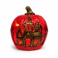 Decorative red Halloween pumpkin lantern with gold stem and glowing haunted house design - Castle Pumpkin / Solar Powered