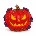 Halloween red Jack-o'-lantern ornament with purple roses and glowing internal light - Rose Pumpkin Style / Solar Powered