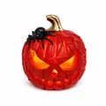 Red Halloween pumpkin lantern with spider decoration and warm internal LED light - Spider Pumpkin Style / Solar Powered