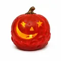 Handcrafted glowing orange Halloween pumpkin lantern with star-shaped eyes and gold stem - Star Moon Pumpkin Style / Solar Powered