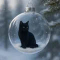 Chat noir dans une boule de Noël en cristal transparent sur une branche enneigée - Chat Noir