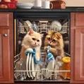 Autocollant de lave-vaisselle chat amusant avec deux chats lavant la vaisselle blanche - Autocollant Lave-vaisselle Halloween-3