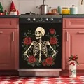 Autocollant lave-vaisselle Halloween avec squelette et roses rouges en cuisine - 万圣节主题洗碗机贴纸-10