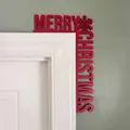 Detailed view of red wooden Merry Christmas corner decoration mounted on a white door frame - Snowflake / Red