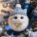 Close-up detail of a fluffy white cat head ornament wearing a blue knitted hat and gold bow - Ragdoll Cat