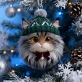 Detail of cute fluffy cat ornament with green knit hat and red bow for Christmas tree - Maine Coon