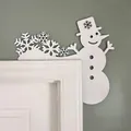 White wooden snowman Christmas door corner frame decoration with snowflake cutouts - Snowman