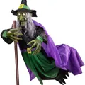 Strega volante animata per Halloween con mantello viola e scopa in miniatura - Stile Scopa Volante In Picchiata / Verde / 180cm