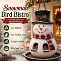Detailed view of festive snowman-shaped bird feeder with perches and wide seed tray. - Snowman