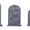 Realistic Halloween tombstone decoration with 'LET ME OUT' engraving and spider web design - M
