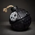 Detailed view of a black leather pirate bomb bag with skull motif for Halloween. - Skull Bomb Style