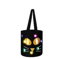 Close-up detail of the colorful LED glowing cat face design on black Halloween candy bucket - Halloween Candy Bucket Style / Black