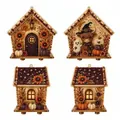 Vista dettagliata di quattro case in legno con diamanti 3D per Halloween. - Mucca delle Highland