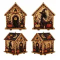 Dettaglio di quattro case in legno 3D Halloween fai-da-te con disegni di streghe e zucche - strega