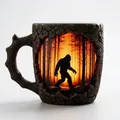 Detailed view of creative resin mug with realistic tree bark and Bigfoot silhouette - Cup