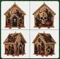 Diverse viste di un kit fai-da-te 3D Pearl Art con una casa in legno a tema Halloween - Teschio